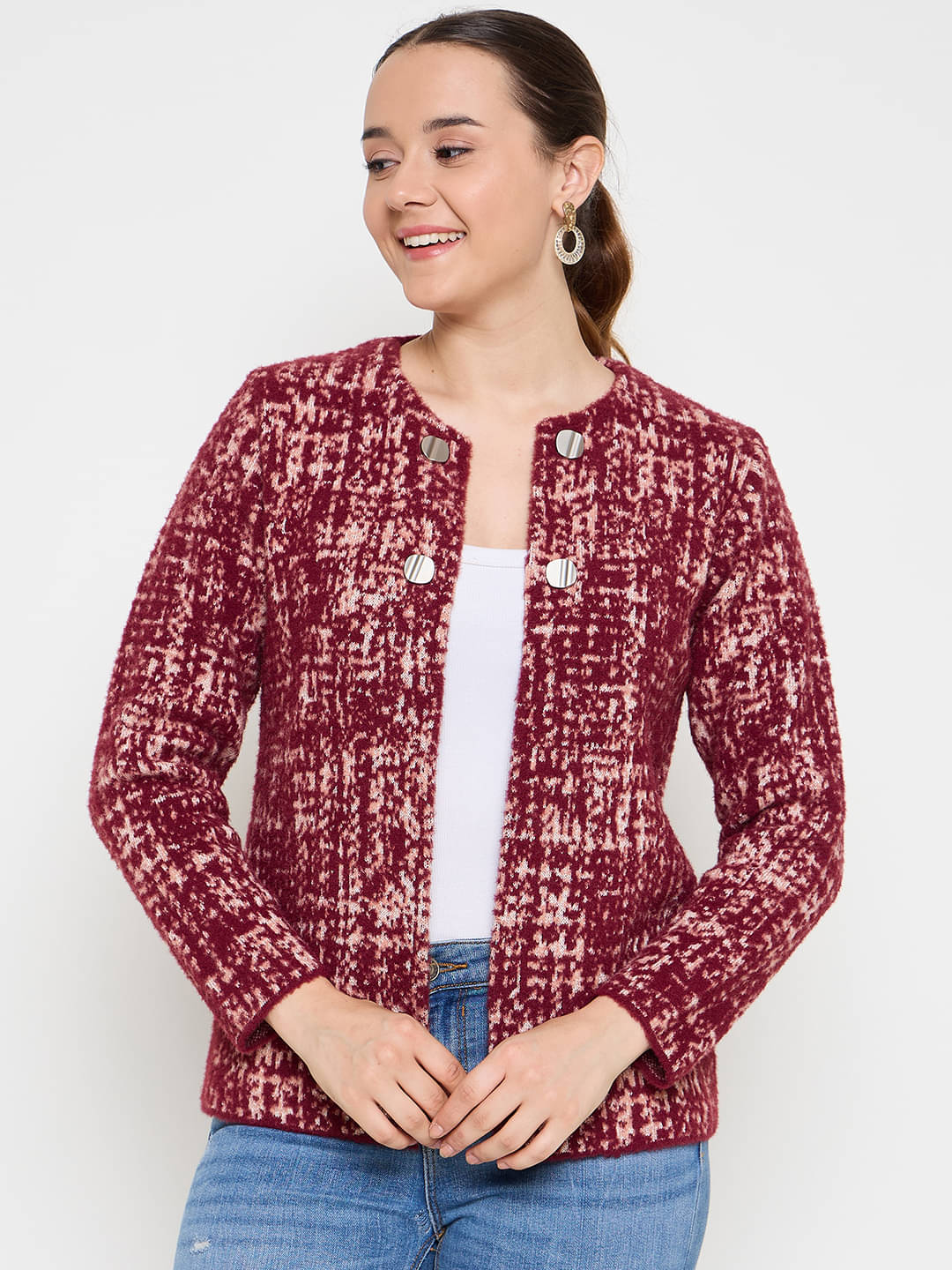     			zigo Acro Wool Round Neck Women's Buttoned Cardigans - Maroon (Pack of 1)