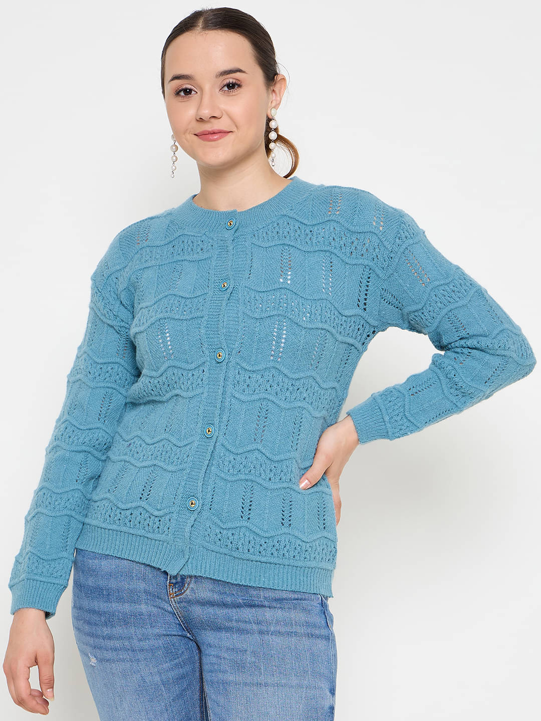 zigo Women Acro Wool Round Neck Cardigan ( Blue )     			zigo Women Acro Wool Round Neck Cardigan ( Blue )