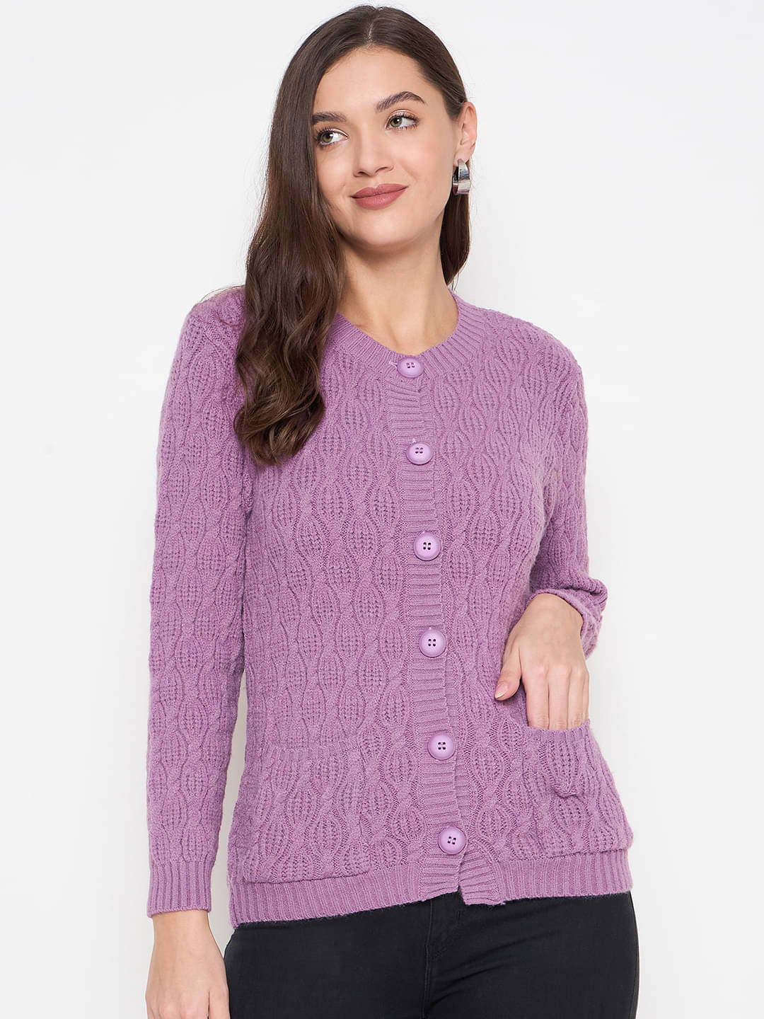 zigo Women Acro Wool Round Neck Cardigan ( Purple )     			zigo Women Acro Wool Round Neck Cardigan ( Purple )