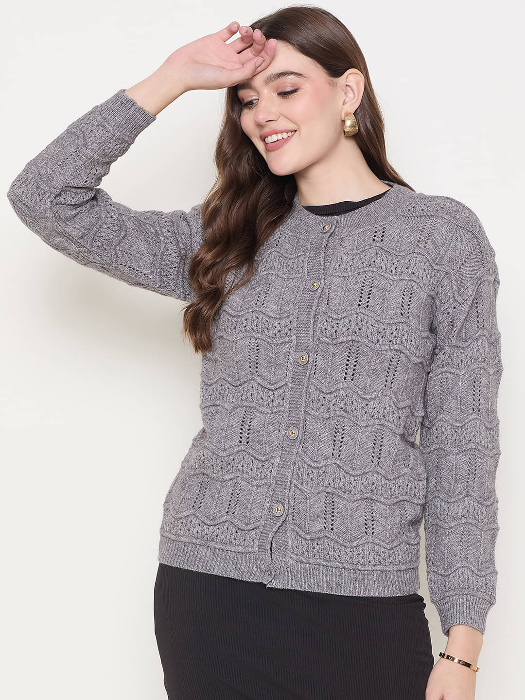     			zigo Acro Wool Round Neck Women's Buttoned Cardigans - Grey (Pack of 1)
