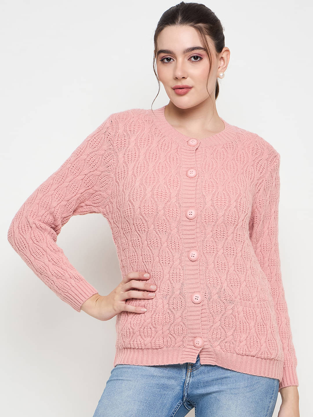 zigo Acro Wool Round Neck Women's Buttoned Cardigans - Peach (Pack of 1) zigo Acro Wool Round Neck Women's Buttoned Cardigans - Peach (Pack of 1)
