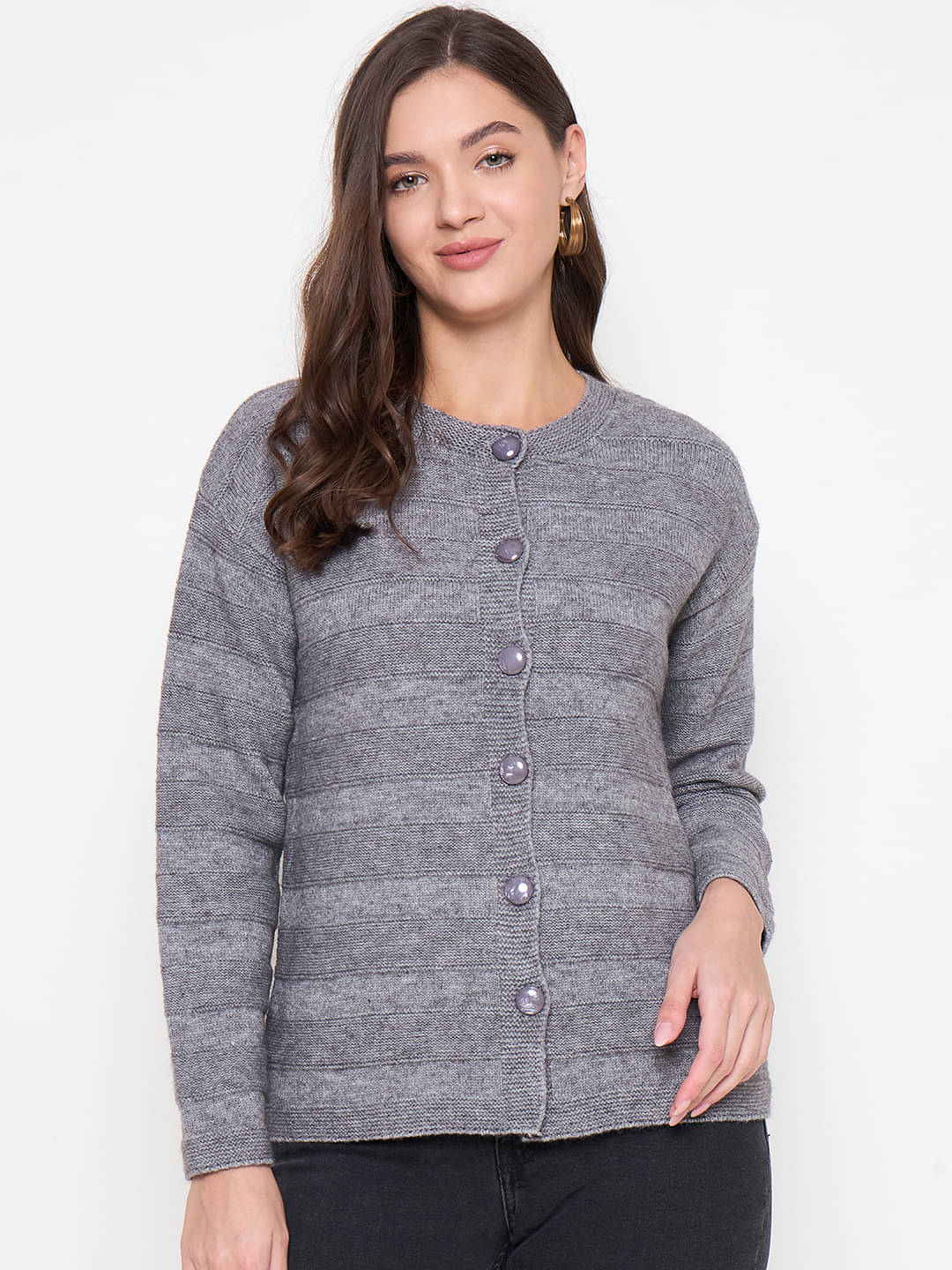 zigo Acro Wool Round Neck Women's Buttoned Cardigans - Grey (Pack of 1) zigo Acro Wool Round Neck Women's Buttoned Cardigans - Grey (Pack of 1)