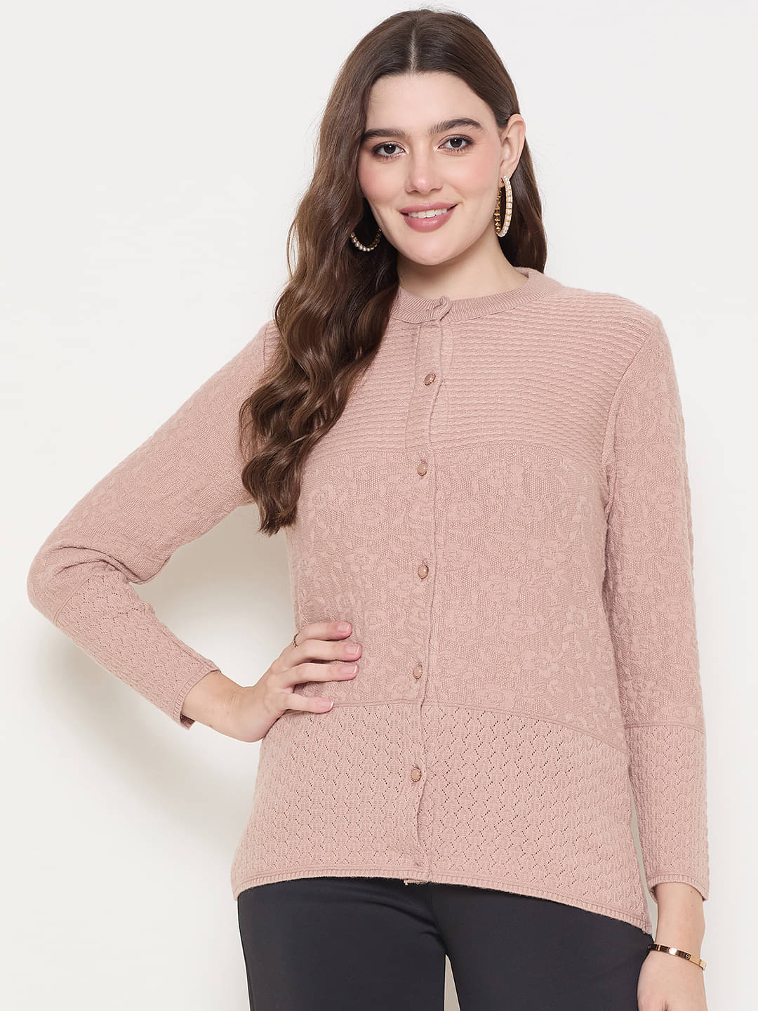 zigo Acro Wool Round Neck Women's Buttoned Cardigans - Brown (Pack of 1) zigo Acro Wool Round Neck Women's Buttoned Cardigans - Brown (Pack of 1)
