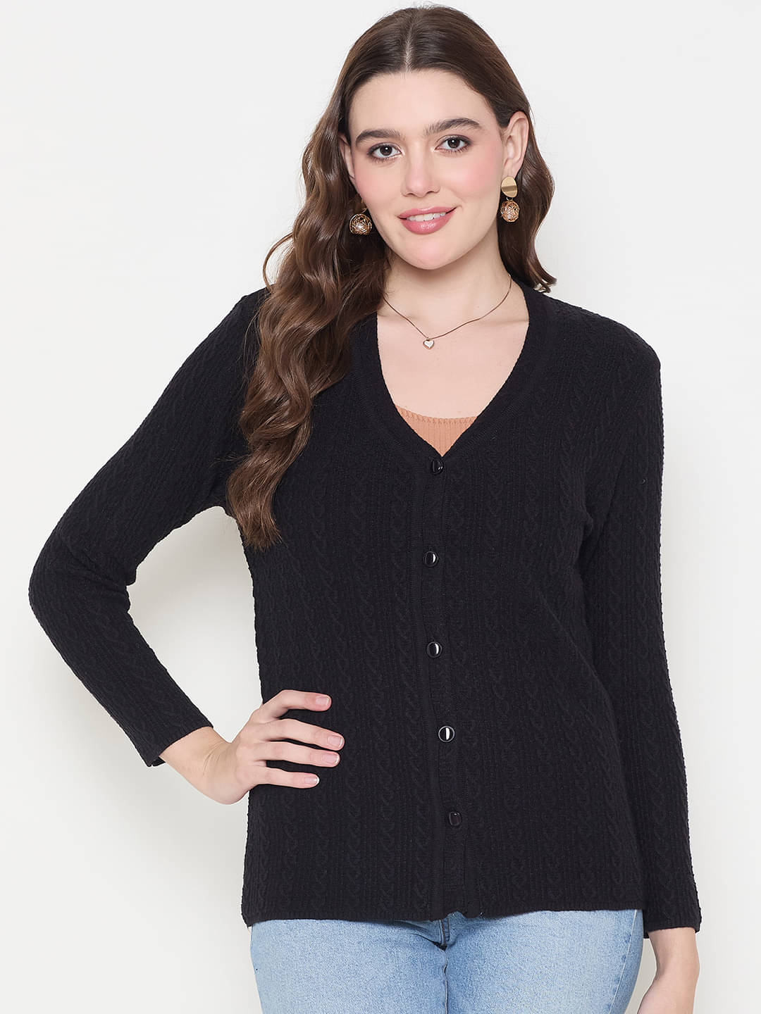 zigo Acro Wool V Neck Women's Buttoned Cardigans - Black (Pack of 1) zigo Acro Wool V Neck Women's Buttoned Cardigans - Black (Pack of 1)