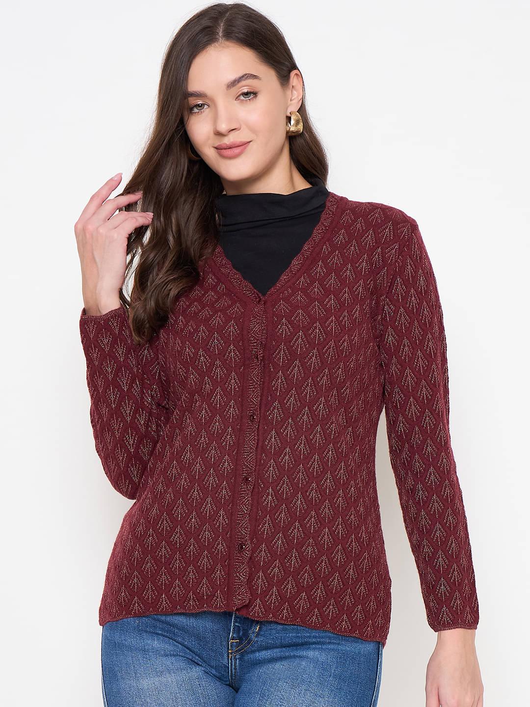 zigo Acro Wool V Neck Women's Buttoned Cardigans - Maroon (Pack of 1) zigo Acro Wool V Neck Women's Buttoned Cardigans - Maroon (Pack of 1)