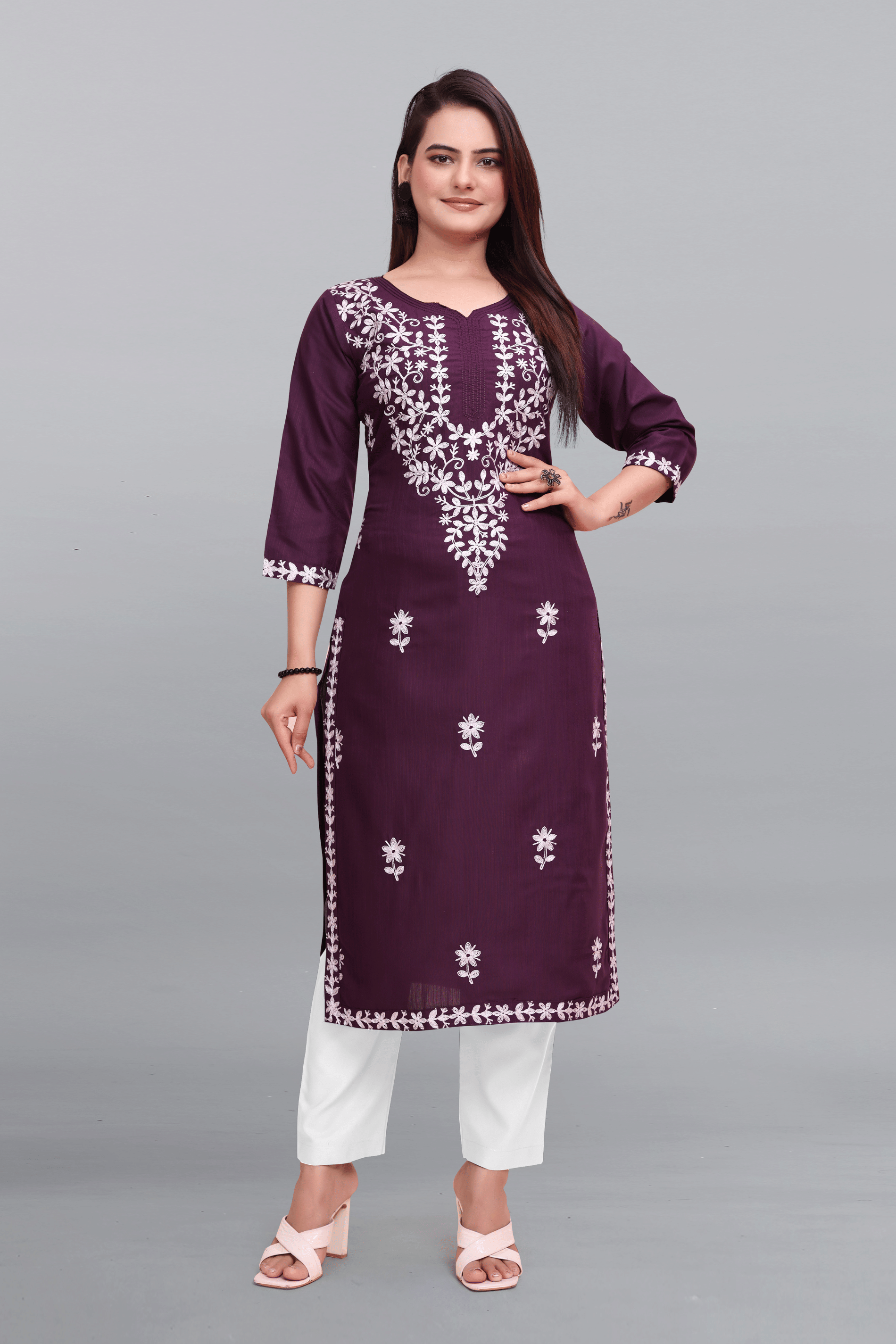 GOROLY Pack of 1 Cotton Embroidered Straight Women's Kurti - ( Wine ) - Kurtis, Tunics | Buy online on ZillyBuy