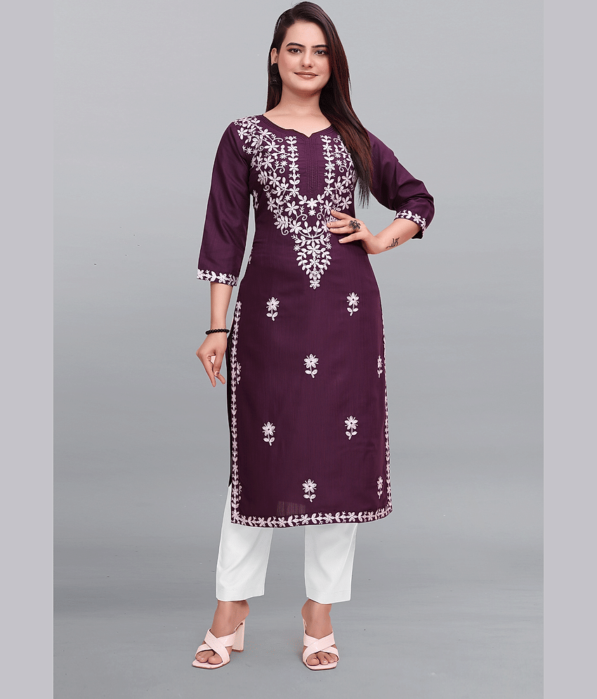 GOROLY Pack of 1 Cotton Embroidered Straight Women's Kurti - ( Wine ) - Kurtis, Tunics | Buy online on ZillyBuy