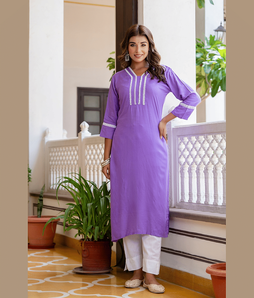 GOROLY Pack of 1 Rayon Embroidered Straight Women's Kurti - ( Lavender ) - Kurtis, Tunics | Buy online on ZillyBuy