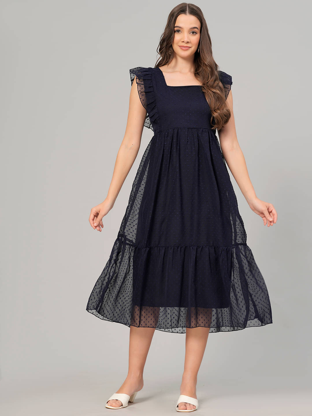 HIGHLIGHT FASHION EXPORT Women Crepe Solid Gown ( Navy )     			HIGHLIGHT FASHION EXPORT Women Crepe Solid Gown ( Navy )