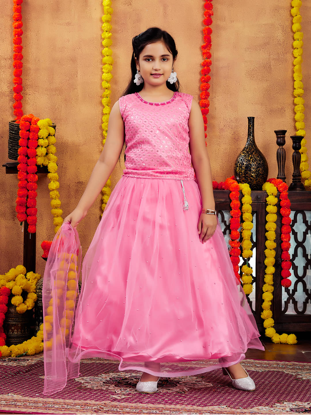 Aarika Net Lehenga Choli Set For Girls ( Pack of 1 , Red )
