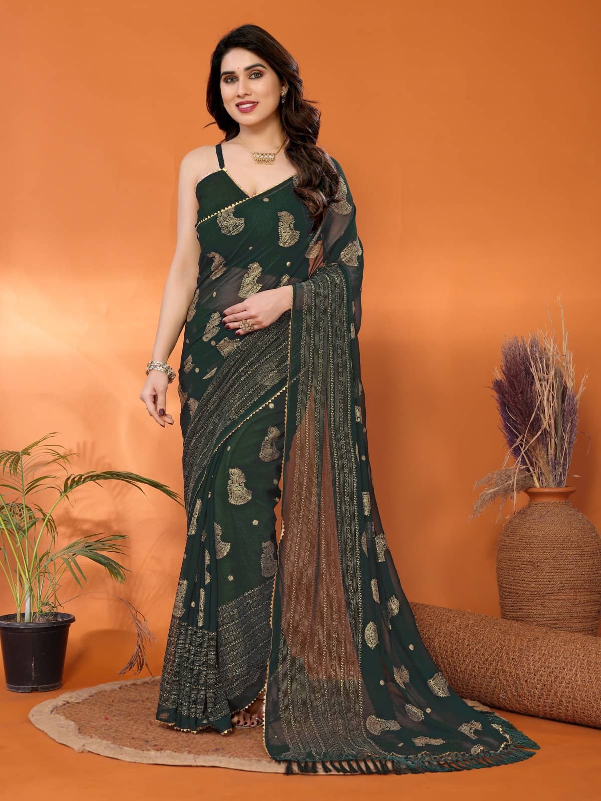 DIKONA DESIGNER Georgette Applique Saree With Unstitched Blouse Piece ( Teal ) - Sarees | Buy online on ZillyBuy