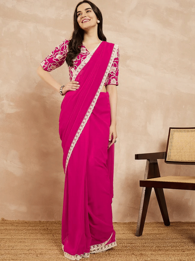 DIKONA DESIGNER Georgette Embroidered Saree With Unstitched Blouse Piece ( Lime Green ) - Sarees | Buy online on ZillyBuy