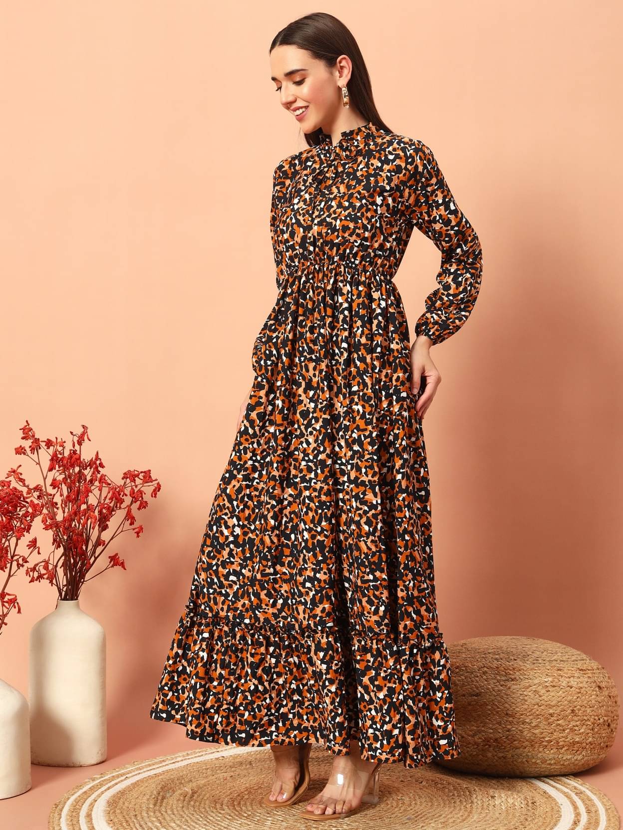     			Femvy Women Polyester Printed Fit & Flare Dress ( Black )