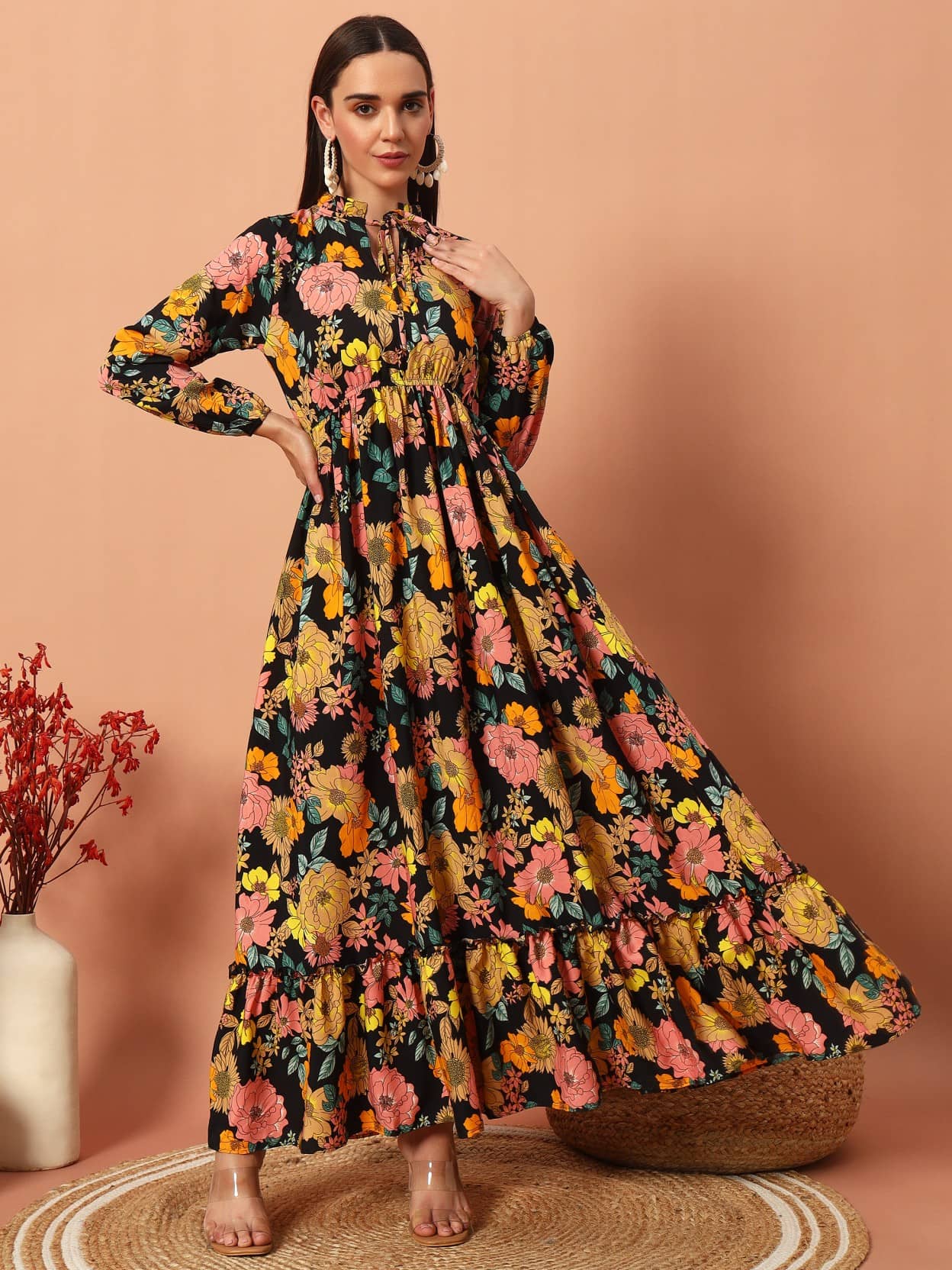 Femvy Women Polyester Printed Fit & Flare Dress ( Yellow )