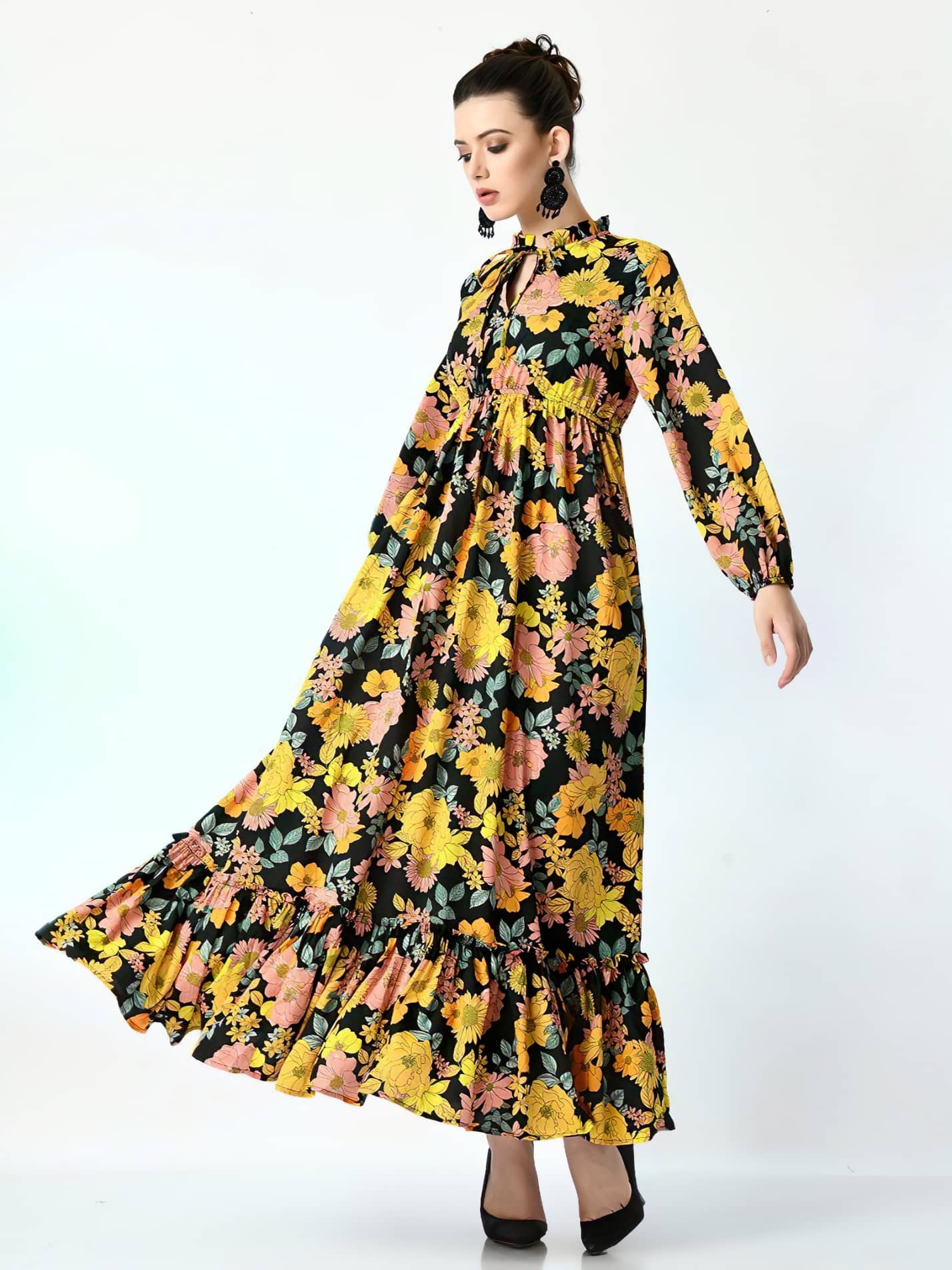 Femvy Women Polyester Printed Fit & Flare Dress ( Yellow )