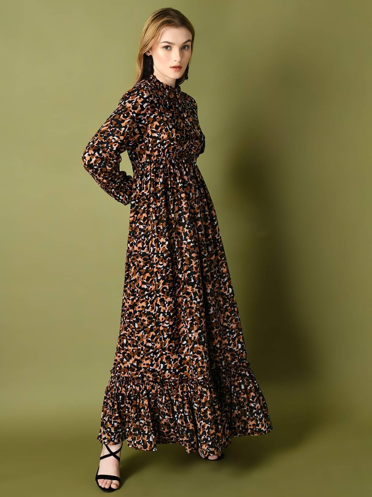     			Femvy Women Polyester Printed Fit & Flare Dress ( Black )
