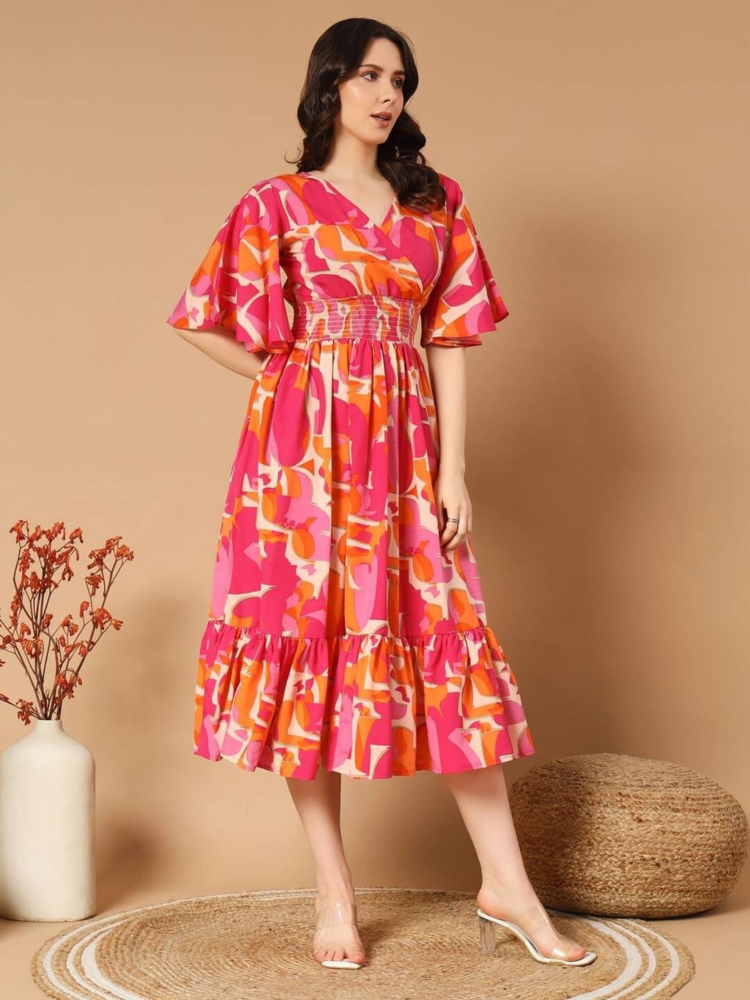 Femvy Women Polyester Printed Fit & Flare Dress ( Orange ) Femvy Women Polyester Printed Fit & Flare Dress ( Orange )