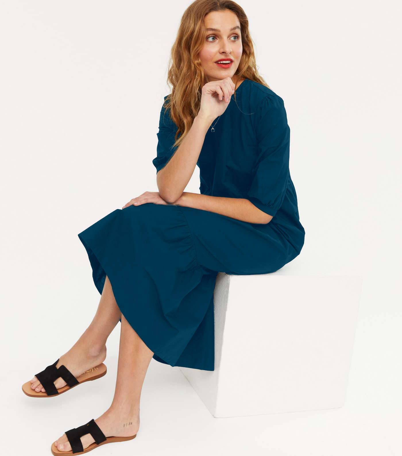 Femvy Women Polyester Solid Fit & Flare Dress ( Blue ) Femvy Women Polyester Solid Fit & Flare Dress ( Blue )