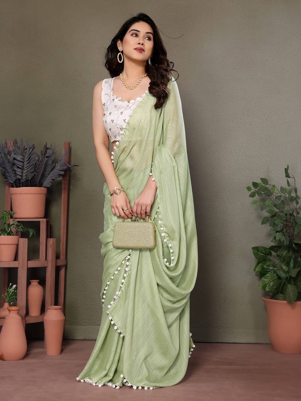     			Gazal Fashions Polyester Embellished Saree With Unstitched Blouse Piece ( Light Green )