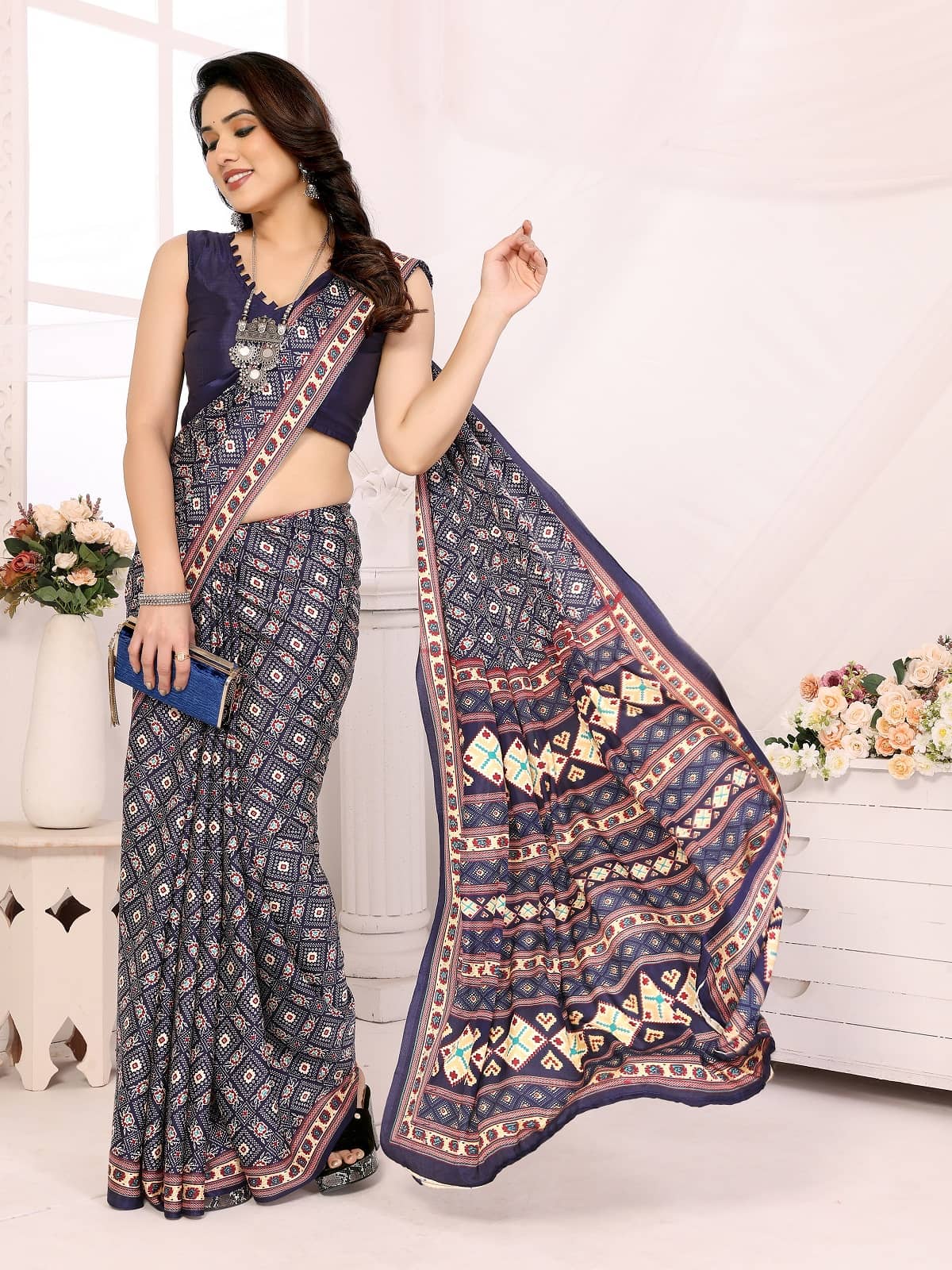 Gazal Fashions Crepe Printed Saree With Unstitched Blouse Piece ( Multicolor ) - Sarees | Buy online on ZillyBuy