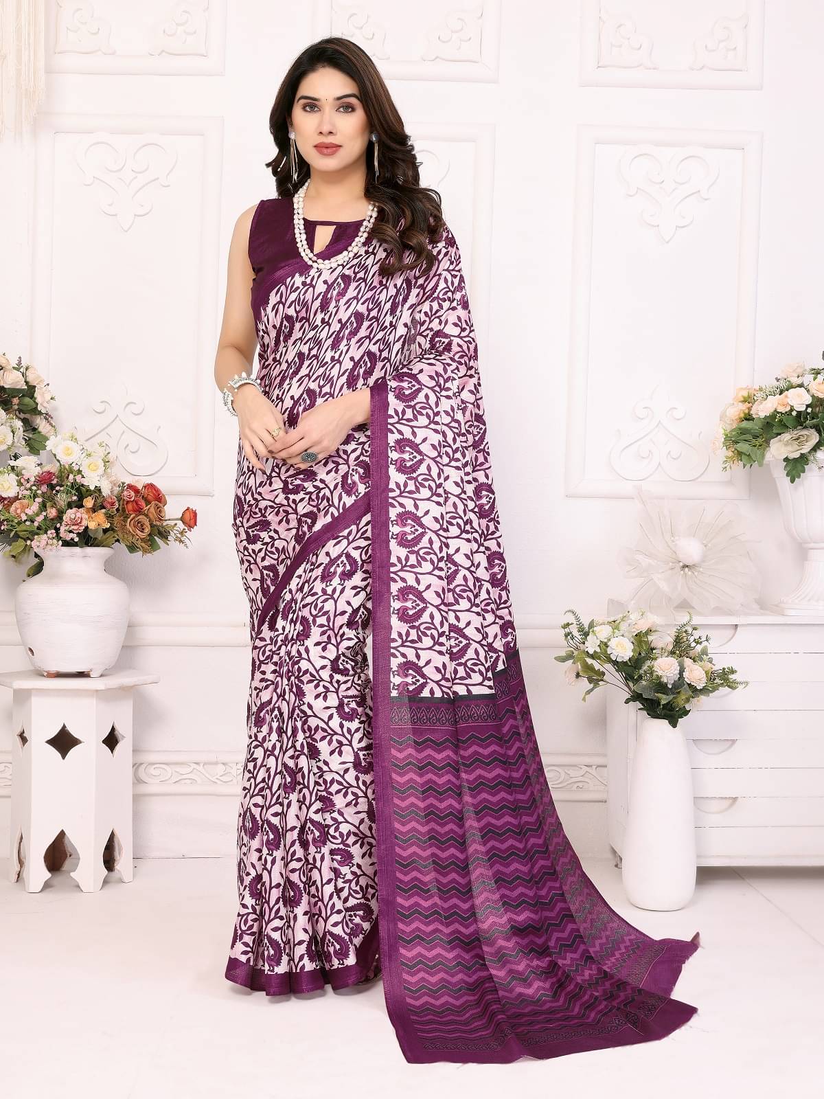     			Gazal Fashions Cotton Silk Printed Saree With Unstitched Blouse Piece ( Purple )