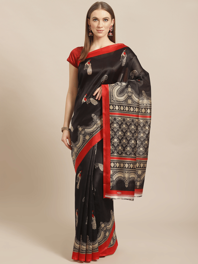Grubstaker Art Silk Printed Saree With Unstitched Blouse Piece ( Black ) Grubstaker Art Silk Printed Saree With Unstitched Blouse Piece ( Black )