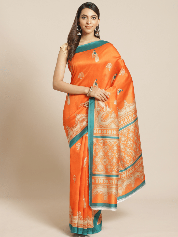 Grubstaker Art Silk Printed Saree With Unstitched Blouse Piece ( Orange ) Grubstaker Art Silk Printed Saree With Unstitched Blouse Piece ( Orange )