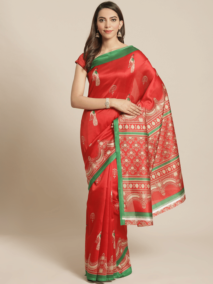 Grubstaker Art Silk Printed Saree With Unstitched Blouse Piece ( Red ) Grubstaker Art Silk Printed Saree With Unstitched Blouse Piece ( Red )