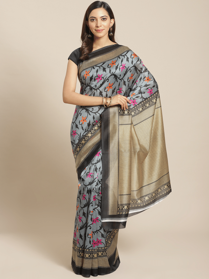 Grubstaker Art Silk Printed Saree With Unstitched Blouse Piece ( Black ) Grubstaker Art Silk Printed Saree With Unstitched Blouse Piece ( Black )