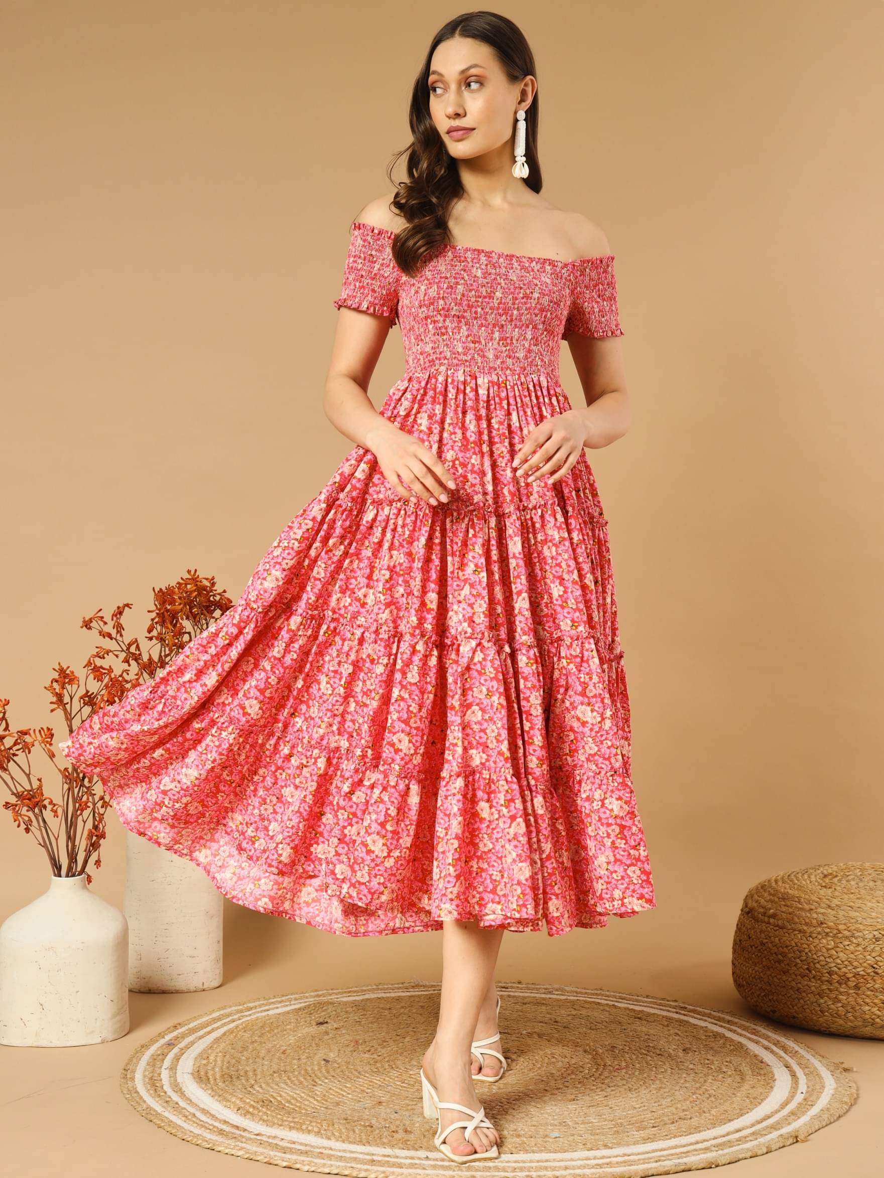 JASH CREATION Polyester Printed Ankle Length Women's Fit & Flare Dress - Red ( Pack of 1 ) JASH CREATION Polyester Printed Ankle Length Women's Fit & Flare Dress - Red ( Pack of 1 )