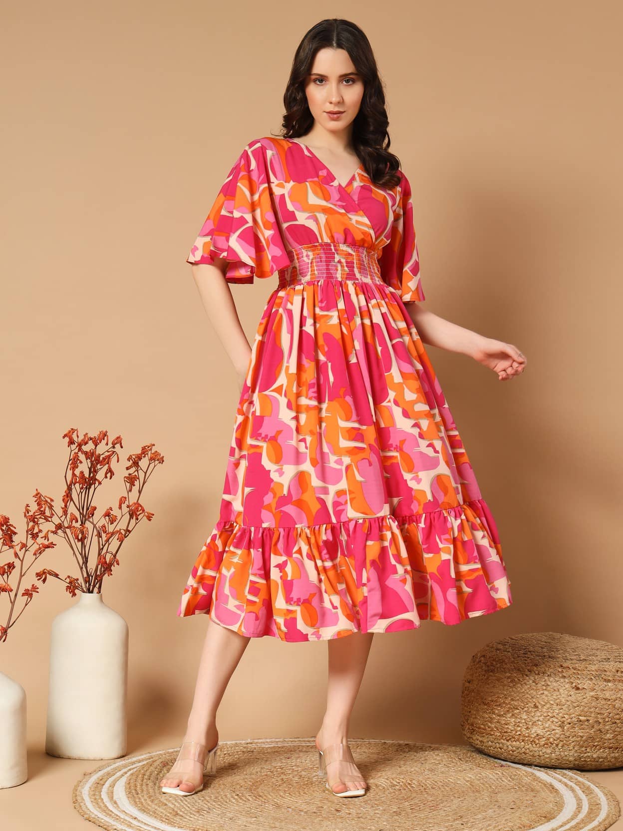 JASH CREATION Women Polyester Printed Fit & Flare Dress ( Orange )