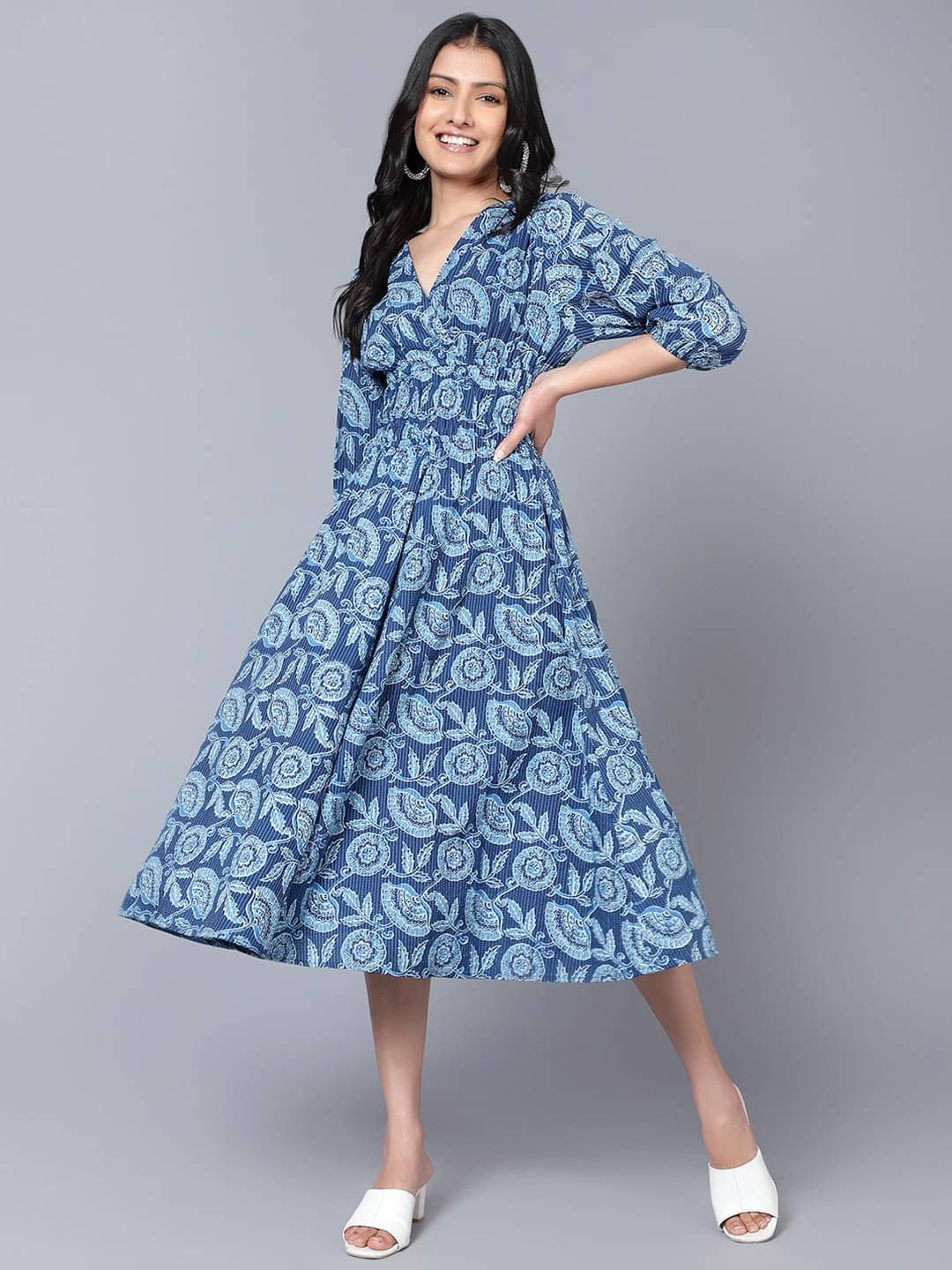 JASH CREATION Women Polyester Printed Fit & Flare Dress ( Blue ) JASH CREATION Women Polyester Printed Fit & Flare Dress ( Blue )
