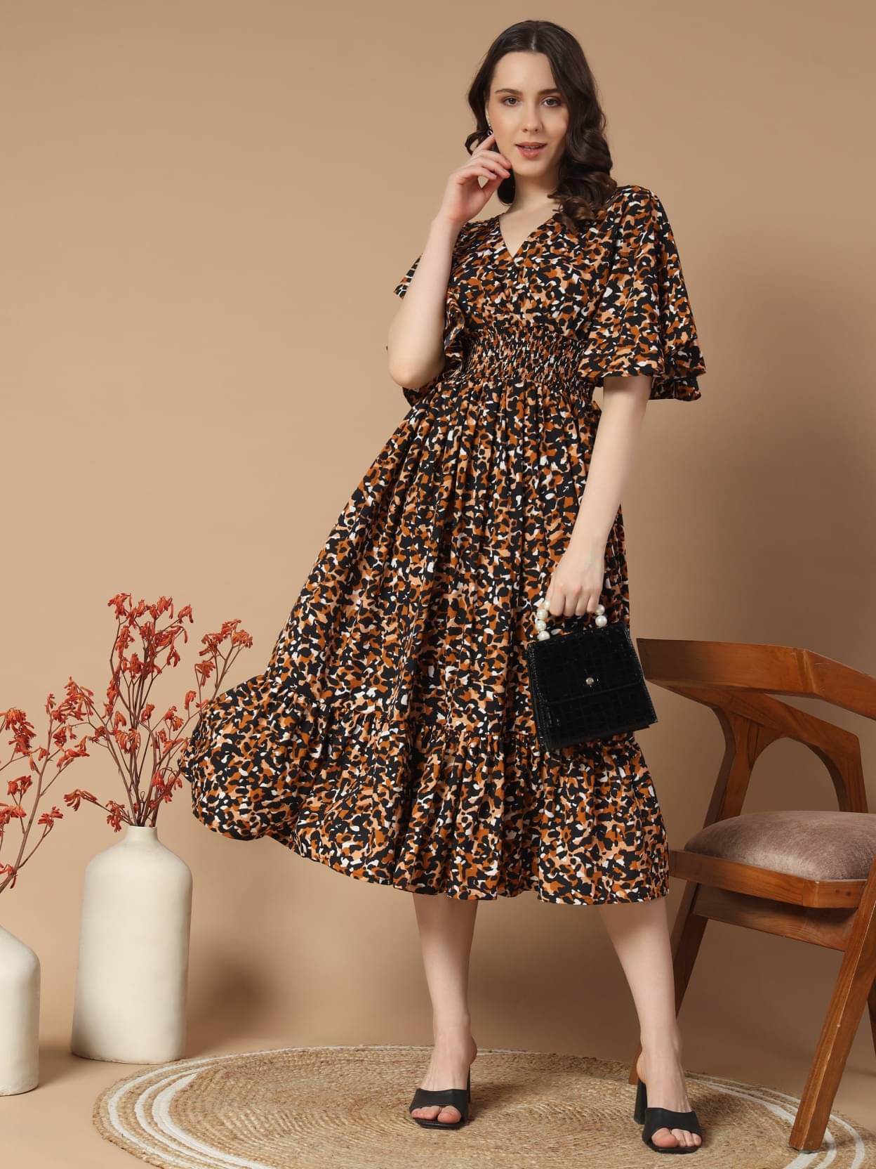     			JASH CREATION Polyester Printed Knee Length Women's Fit & Flare Dress - Black ( Pack of 1 )