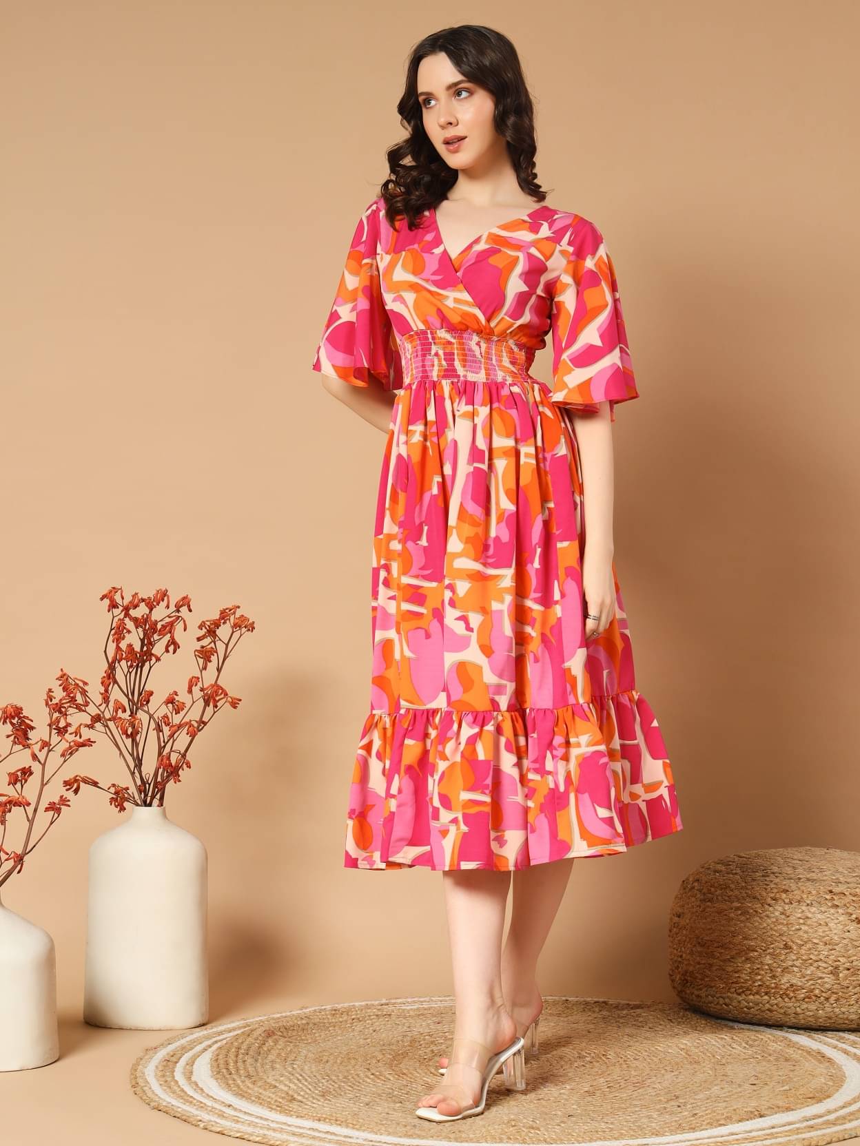     			JASH CREATION Women Polyester Printed Fit & Flare Dress ( Orange )