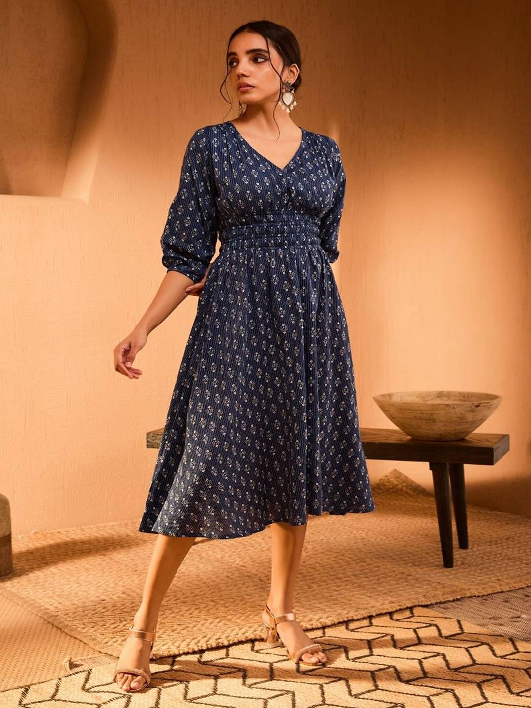 JASH CREATION Women Polyester Printed Fit & Flare Dress ( Navy ) JASH CREATION Women Polyester Printed Fit & Flare Dress ( Navy )