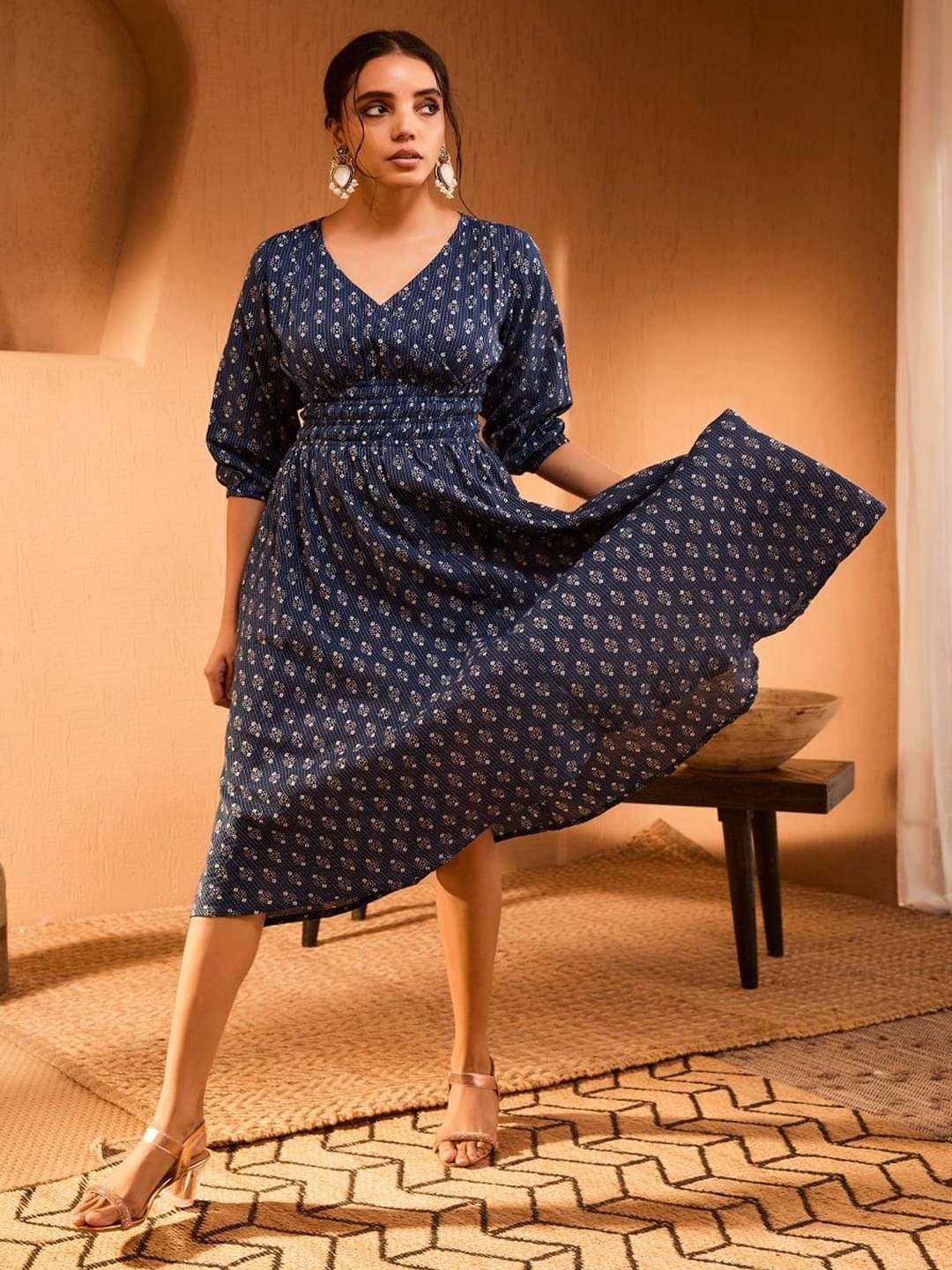 JASH CREATION Polyester Printed Knee Length Women's Fit & Flare Dress - Navy ( Pack of 1 ) JASH CREATION Polyester Printed Knee Length Women's Fit & Flare Dress - Navy ( Pack of 1 )