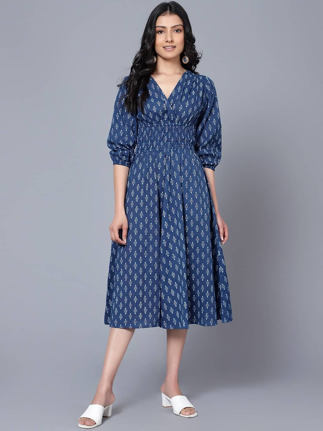     			JASH CREATION Women Polyester Printed Fit & Flare Dress ( Navy )