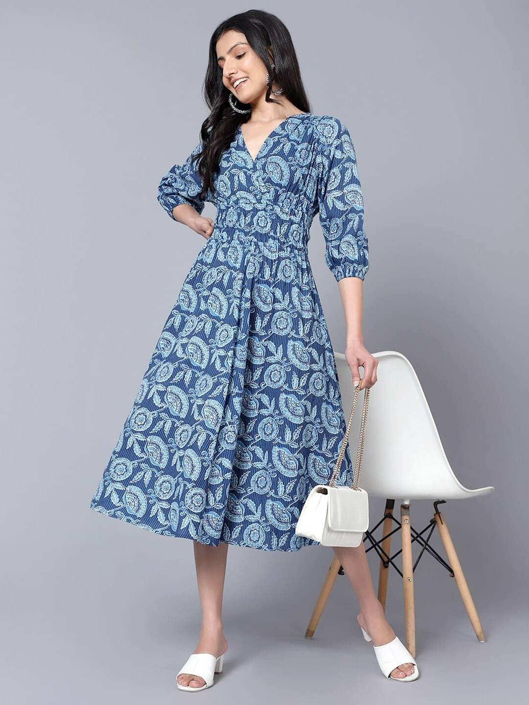 JASH CREATION Polyester Printed Knee Length Women's Fit & Flare Dress - Blue ( Pack of 1 ) JASH CREATION Polyester Printed Knee Length Women's Fit & Flare Dress - Blue ( Pack of 1 )