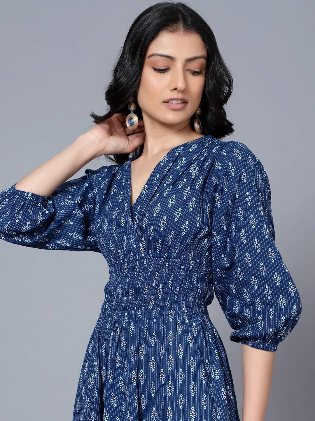 JASH CREATION Women Polyester Printed Fit & Flare Dress ( Navy )