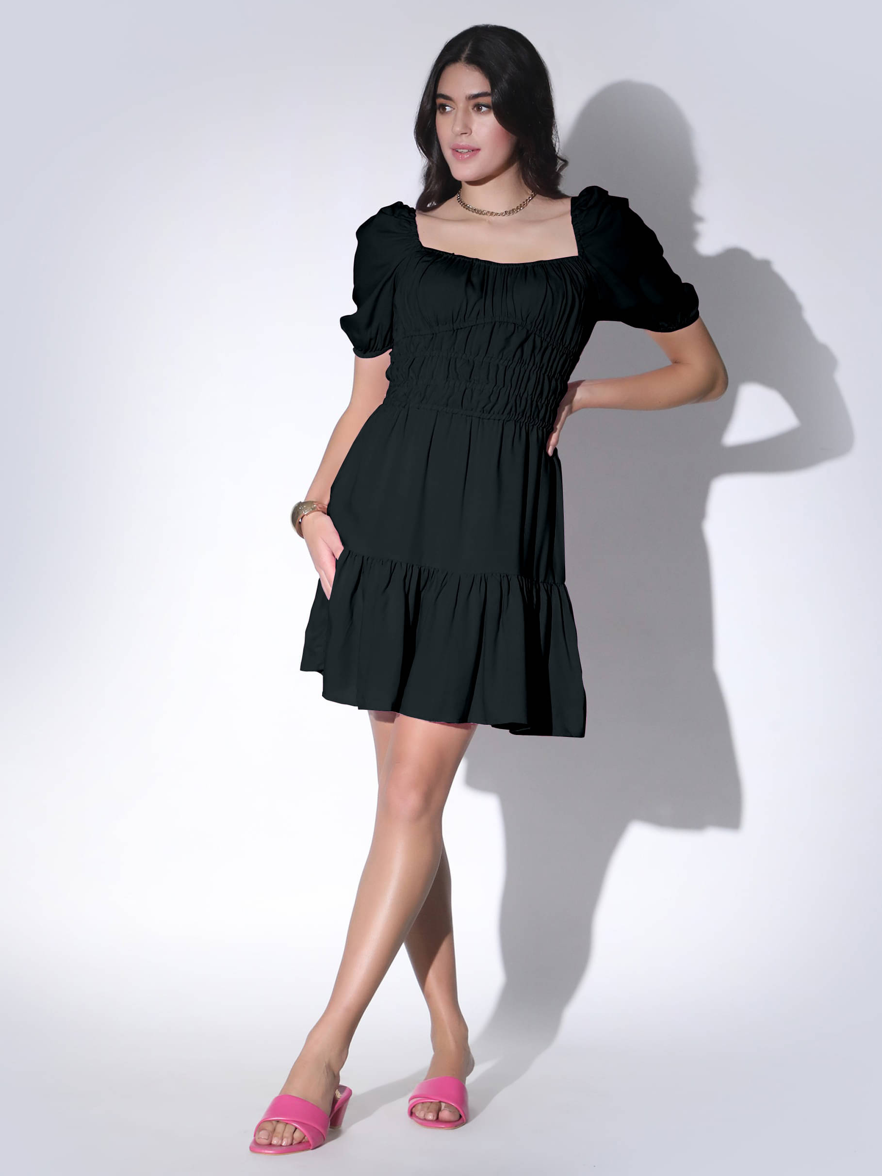 JASH CREATION Polyester Solid Above Knee Women's Fit & Flare Dress - Black ( Pack of 1 ) JASH CREATION Polyester Solid Above Knee Women's Fit & Flare Dress - Black ( Pack of 1 )