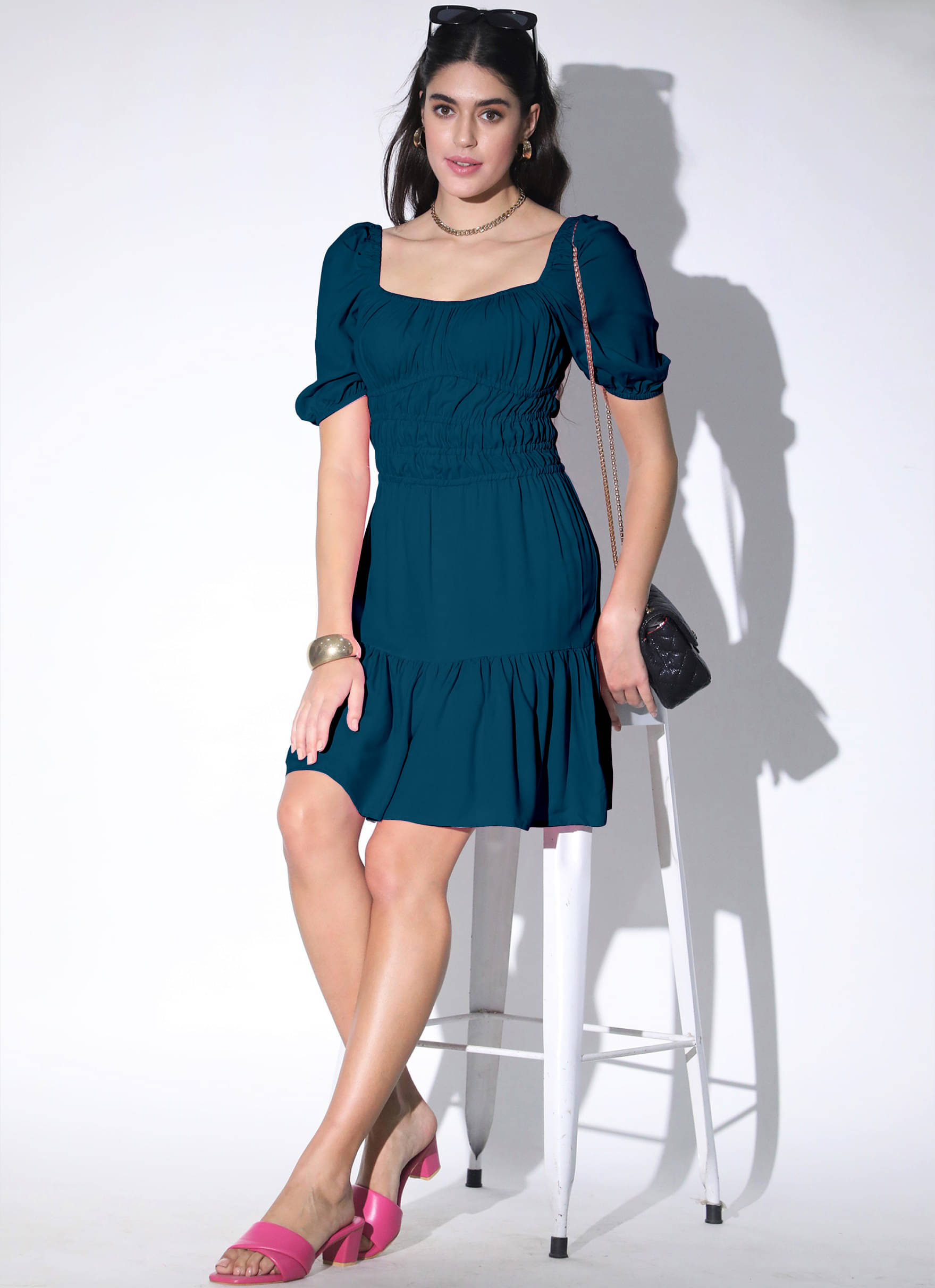 JASH CREATION Women Polyester Solid Fit & Flare Dress ( Blue ) JASH CREATION Women Polyester Solid Fit & Flare Dress ( Blue )