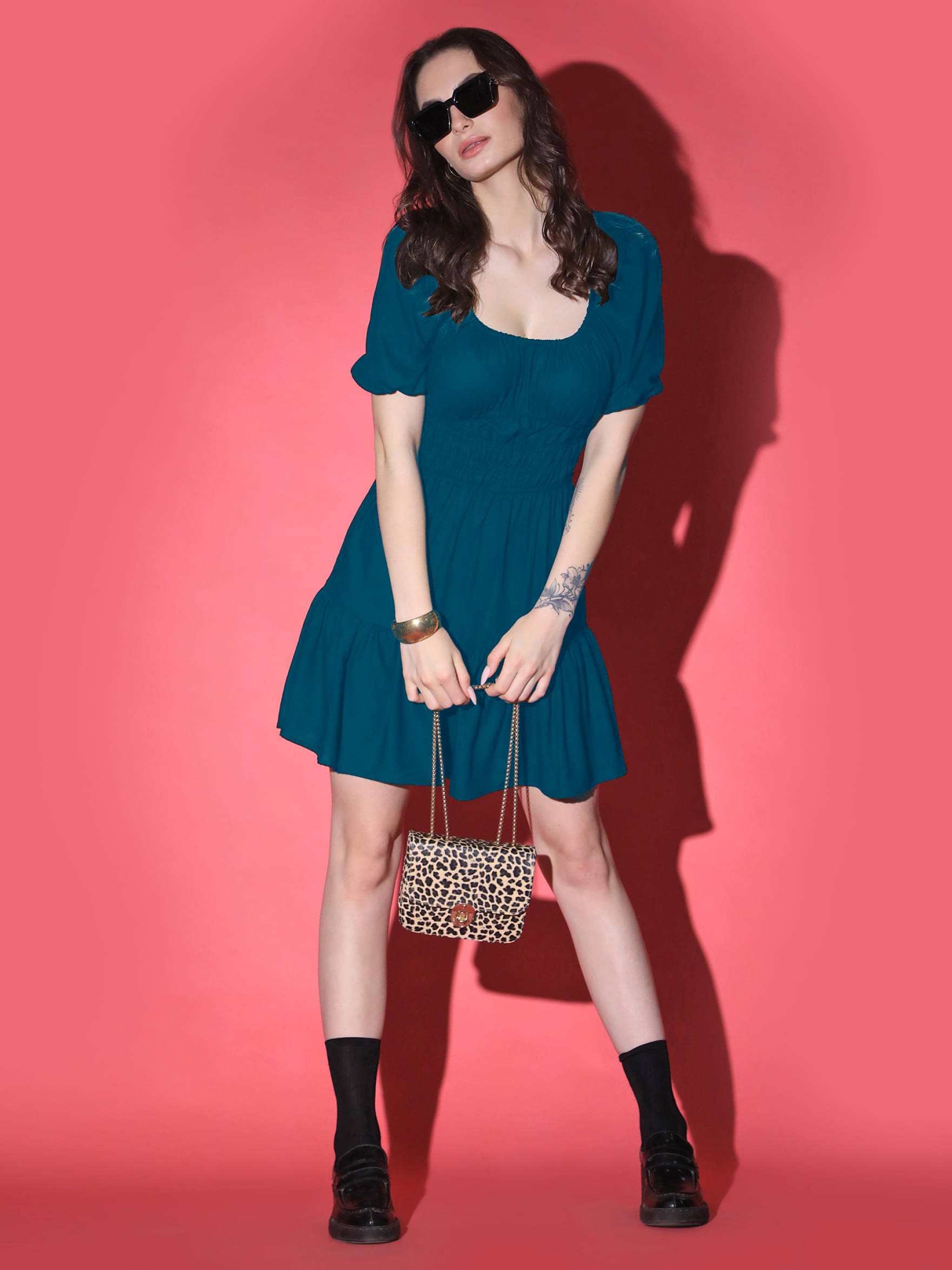 JASH CREATION Women Polyester Solid Fit & Flare Dress ( Blue )     			JASH CREATION Women Polyester Solid Fit & Flare Dress ( Blue )