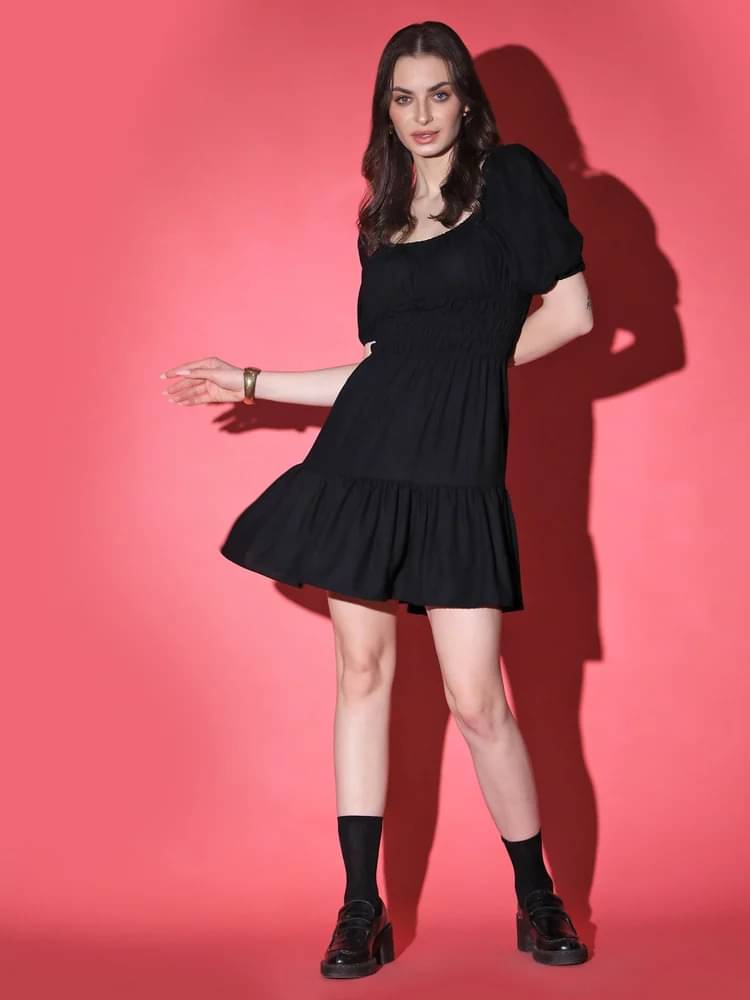 JASH CREATION Polyester Solid Above Knee Women's Fit & Flare Dress - Black ( Pack of 1 ) JASH CREATION Polyester Solid Above Knee Women's Fit & Flare Dress - Black ( Pack of 1 )