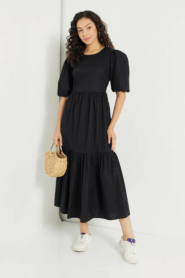     			JASH CREATION Women Polyester Solid Fit & Flare Dress ( Black )