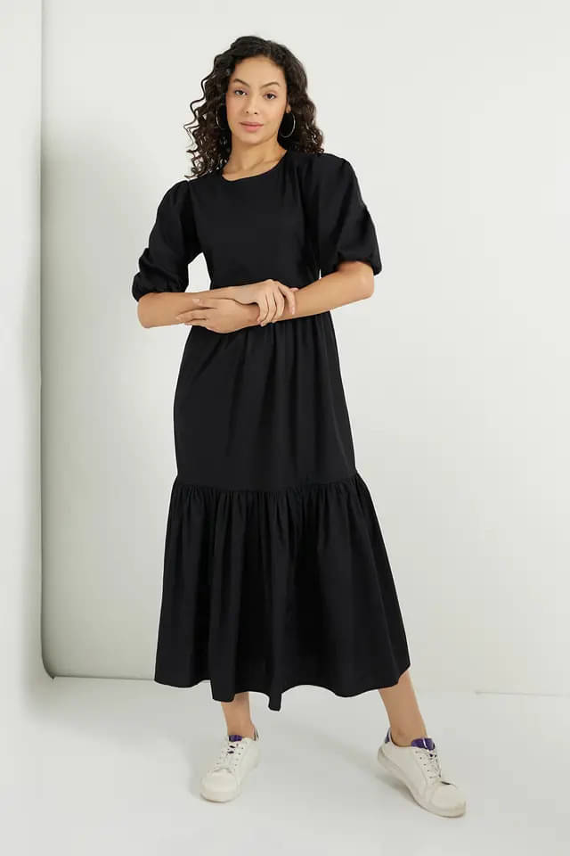 JASH CREATION Women Polyester Solid Fit & Flare Dress ( Black ) JASH CREATION Women Polyester Solid Fit & Flare Dress ( Black )