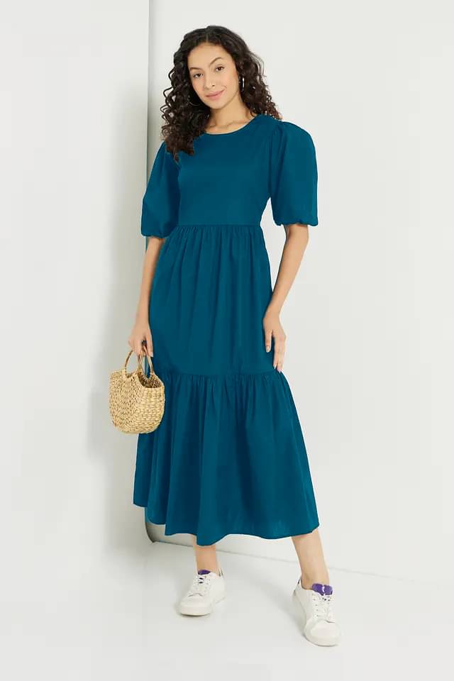 JASH CREATION Polyester Solid Ankle Length Women's Fit & Flare Dress - Blue ( Pack of 1 ) JASH CREATION Polyester Solid Ankle Length Women's Fit & Flare Dress - Blue ( Pack of 1 )