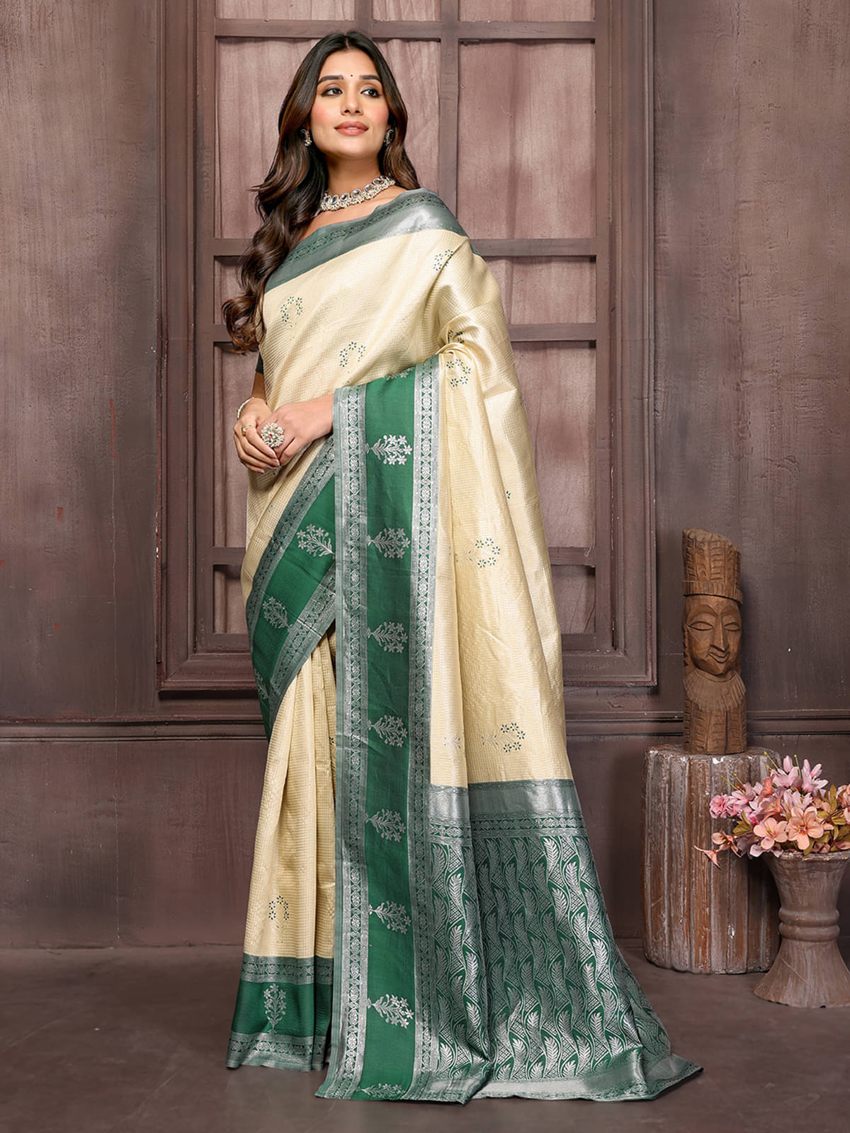 Janasya Silk Blend Embellished Saree With Unstitched Blouse Piece ( Green ) Janasya Silk Blend Embellished Saree With Unstitched Blouse Piece ( Green )