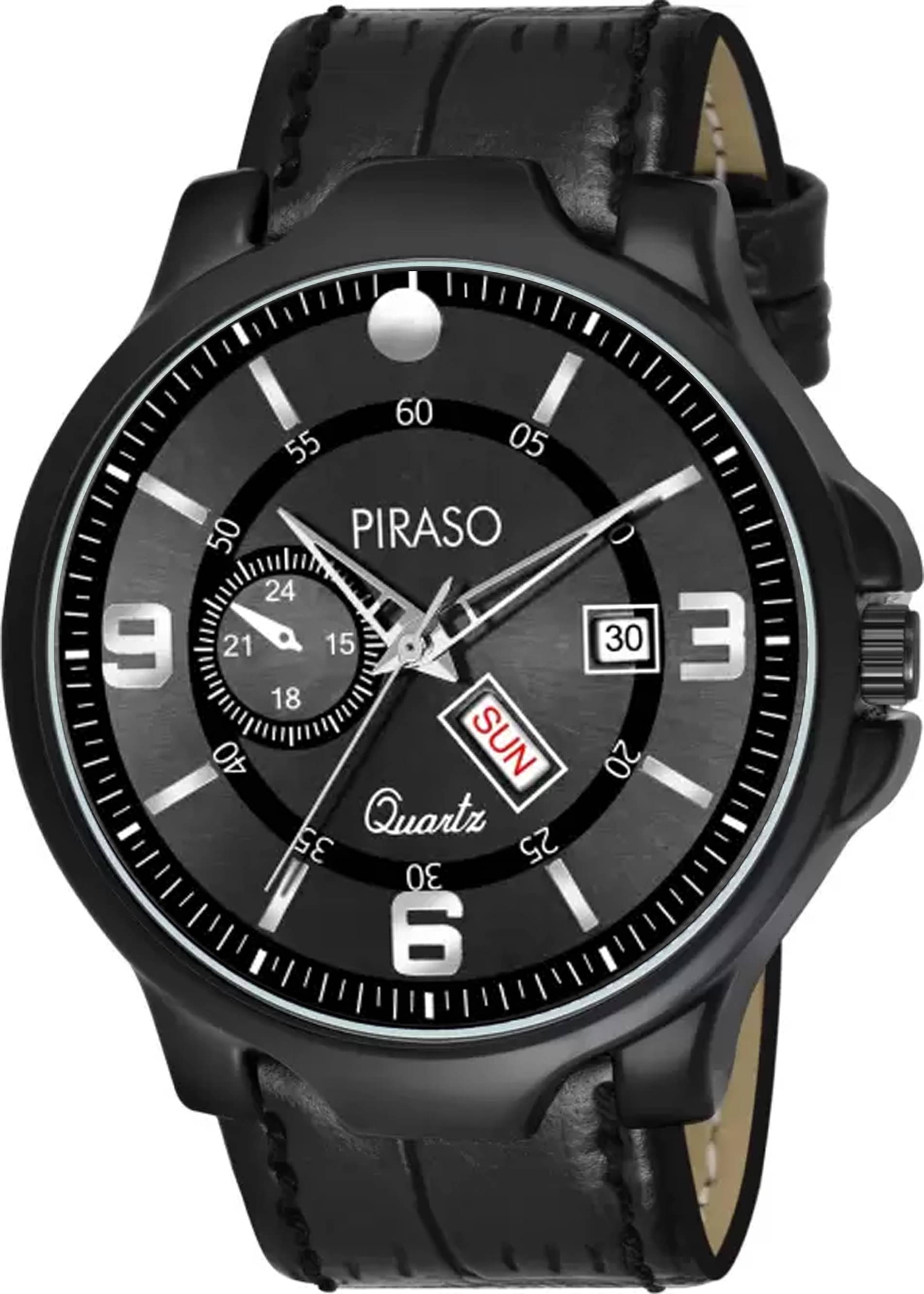     			PIRASO Black Leather Analog Men's Watch