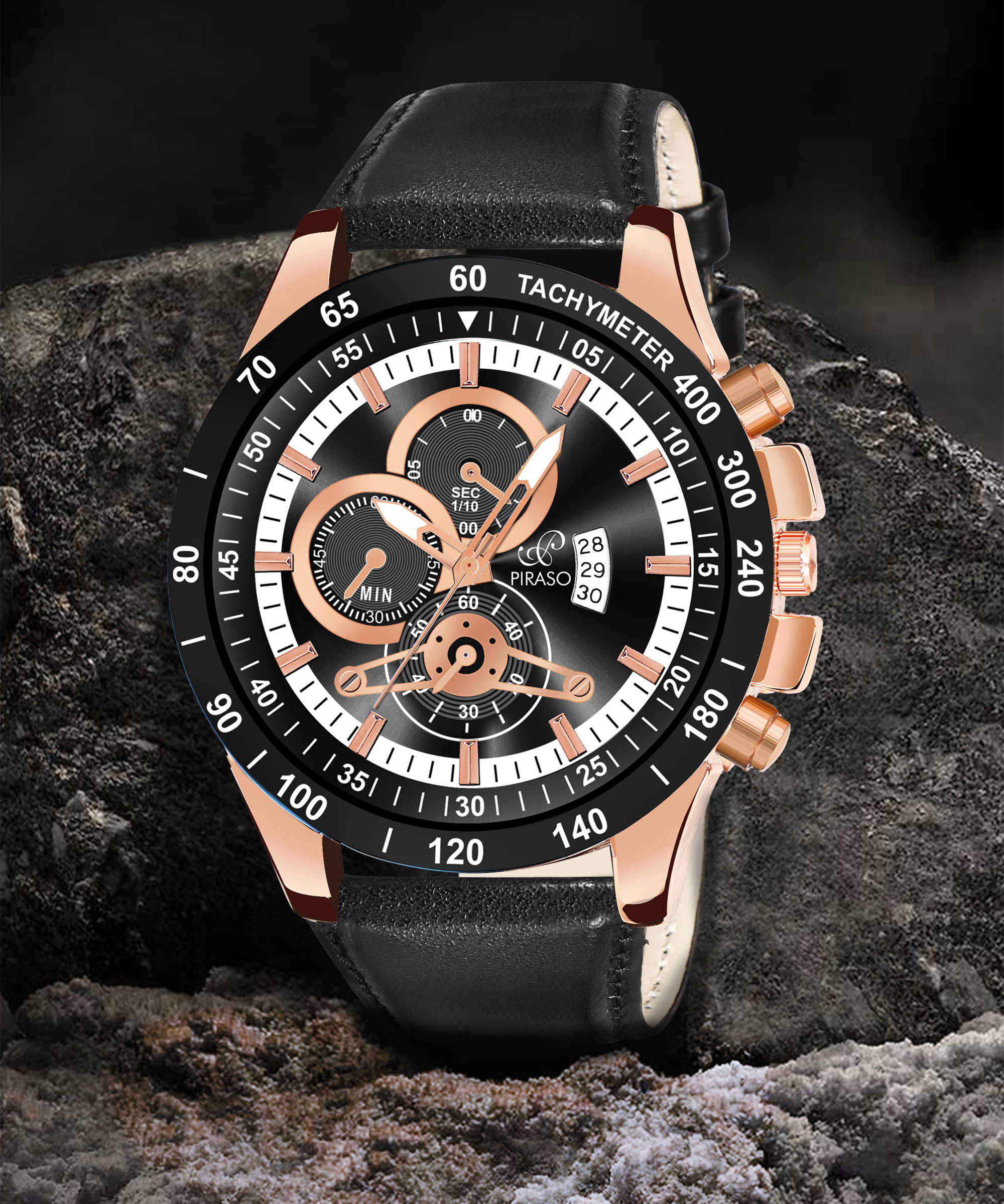     			PIRASO Black Leather Analog Men's Watch