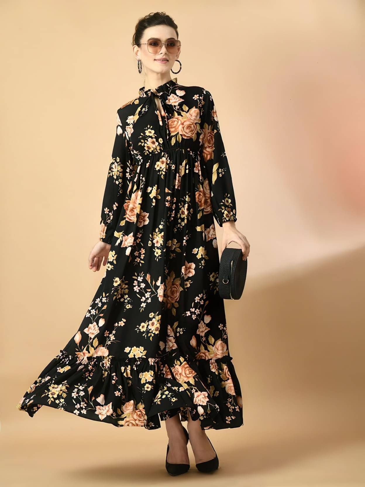 RAIYANI FASHION Women Polyester Printed Fit & Flare Dress ( Gold )     			RAIYANI FASHION Women Polyester Printed Fit & Flare Dress ( Gold )